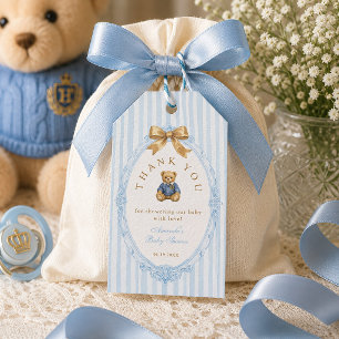 Étiquettes-cadeau Faire-part de naissance ourson polo rayures bleues