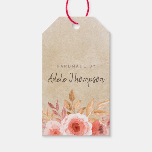 Étiquettes-cadeau Fait à la main avec du papier texturé floral aquar (Devant)