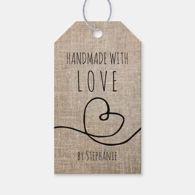 Étiquettes-cadeau Fait main avec amour Doodle Burlap rustique (Devant)