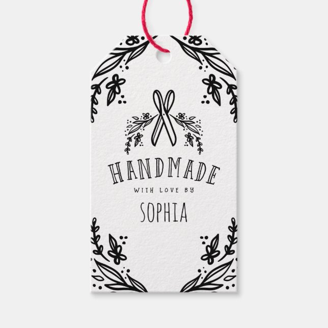 Étiquettes-cadeau Faite à la main avec l'amour Flore et ciseaux esqu (Devant)