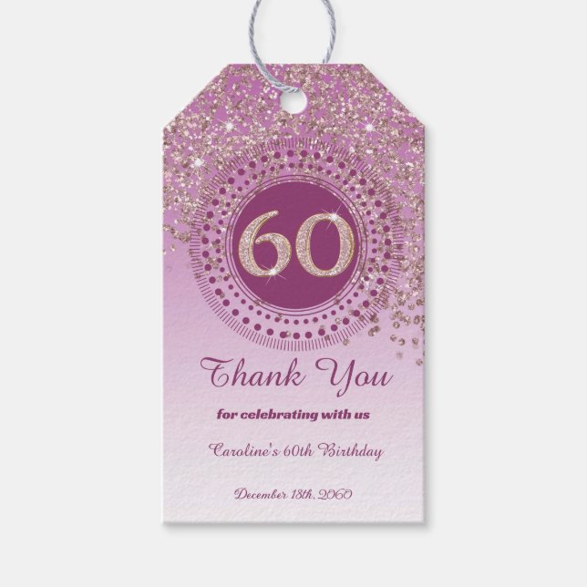 Étiquettes-cadeau Falling Rose Gold Parties scintillant 60e annivers (Devant)