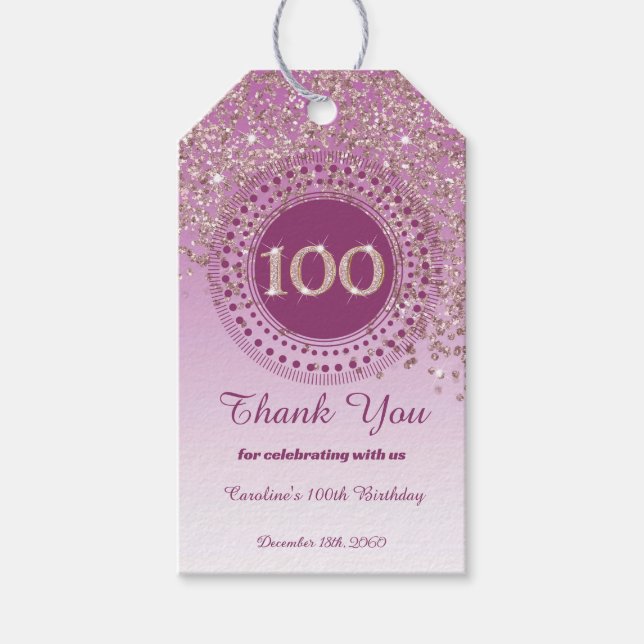 Étiquettes-cadeau Falling Rose Gold Parties scintillant moderne 100e (Devant)