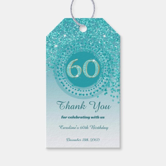Étiquettes-cadeau Falling Turquoise Blue Parties scintillant 60e ann (Devant)
