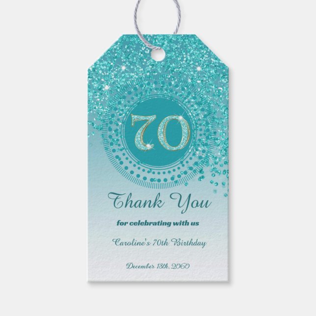 Étiquettes-cadeau Falling Turquoise Blue Parties scintillant 70e ann (Devant)