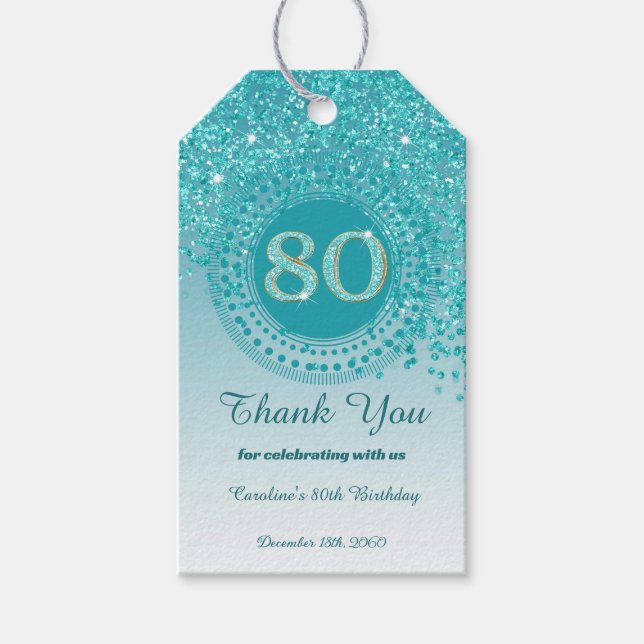 Étiquettes-cadeau Falling Turquoise Blue Parties scintillant 80e ann (Devant)