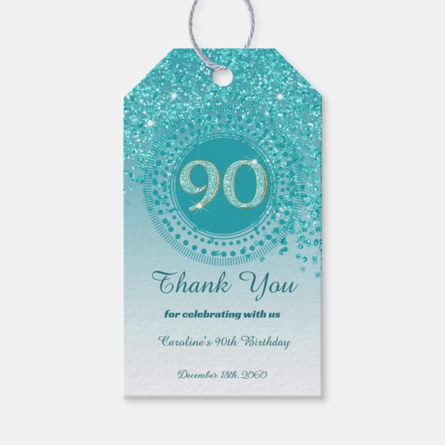 Étiquettes-cadeau Falling Turquoise Blue Parties scintillant 90e ann (Devant)