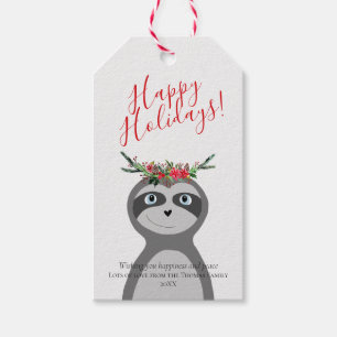 Étiquettes-cadeau Famille de Noël moderne Sloth Happy Holidays