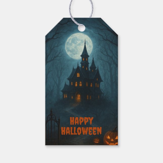 Étiquettes-cadeau Fantaisie gothique | Château hanté et clair de lun (Devant)