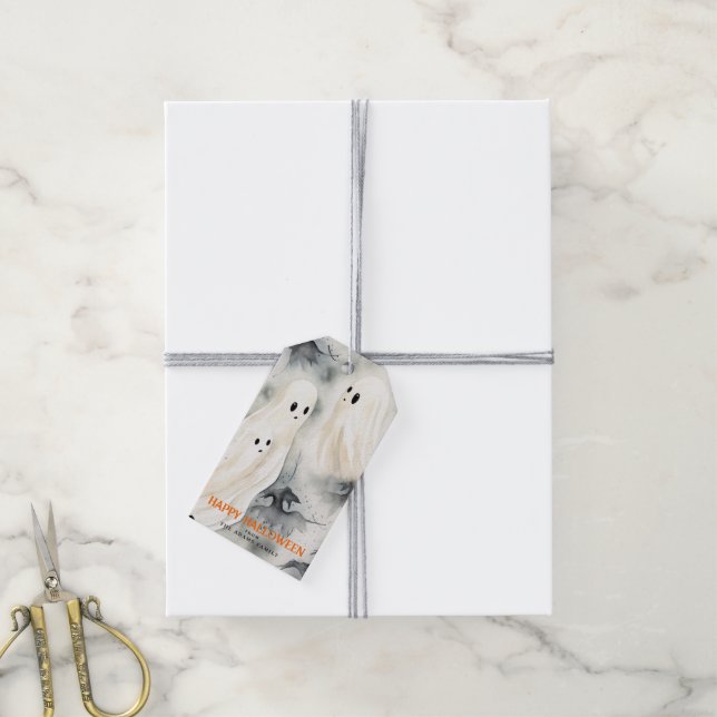 Étiquettes-cadeau Fantômes d'aquarelle Personnalisé Halloween heureu (Avec de la ficelle)