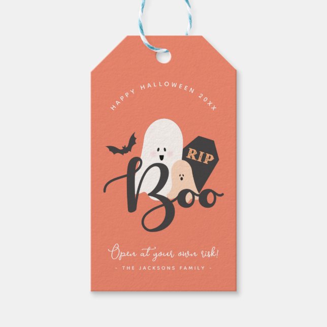 Étiquettes-cadeau Fantômes d'Halloween orange et noir (Devant)