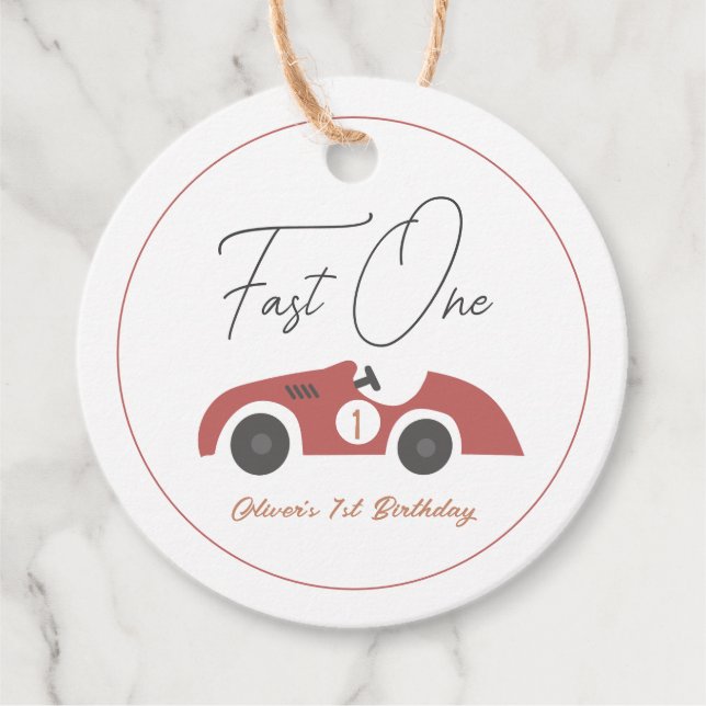 Étiquettes Cadeau Fast One Red Race Car Boy 1st Birthday (Devant)