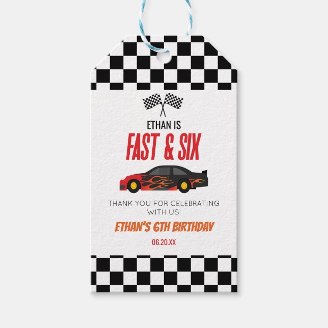 Étiquettes-cadeau Fast & Six Red Flame Race Car 6e fête d'anniversai (Devant)