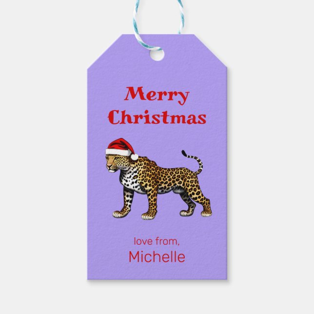 Étiquettes-cadeau Faune Safari animal Leopard Santa Hat Noël (Devant)