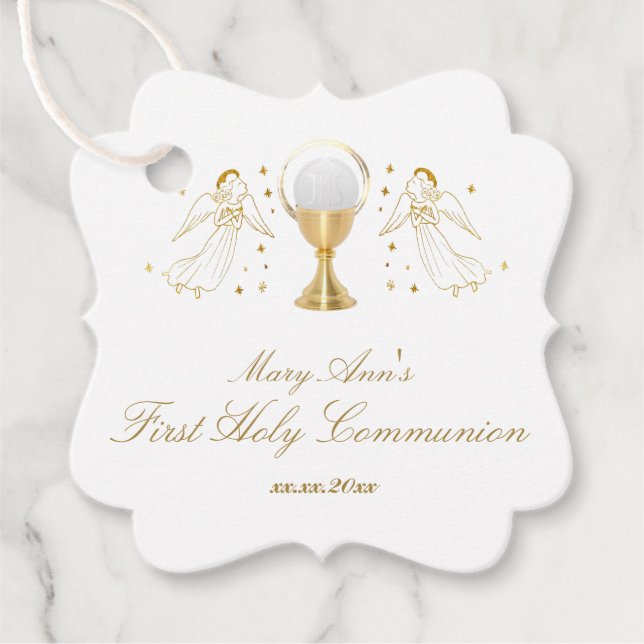 Étiquettes Cadeau fausse feuille d'or anges Première communion saint (Devant)