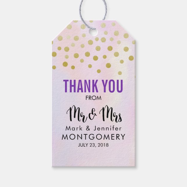 Étiquettes-cadeau Faux Gold Confetti sur le Merci Mariage violet (Devant)