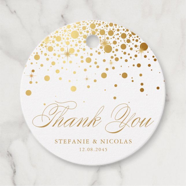 Étiquettes Cadeau Faux Gold Foil Confetti Points Mariage (Devant)