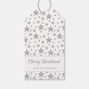 Étiquettes-cadeau Faux Pailleté Argent Étoiles Joyeux Noël