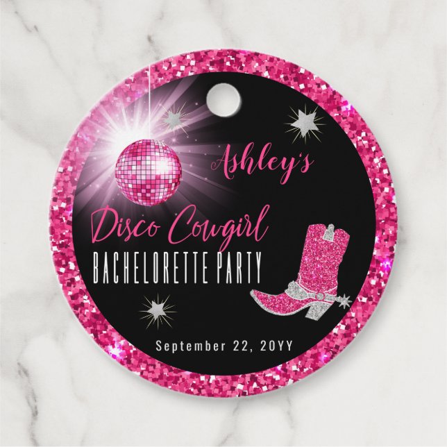 Étiquettes Cadeau Faux Paillettes Rose Disco Cowgirl Enterrement de  (Devant)