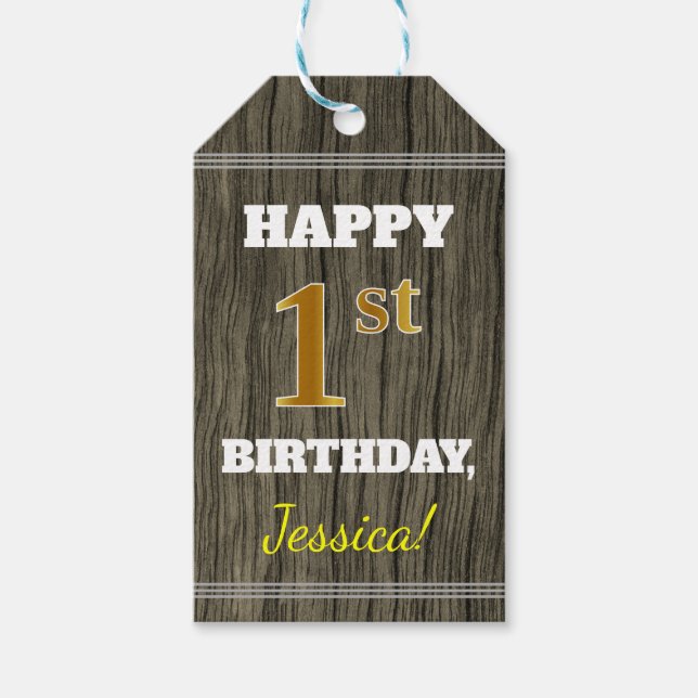 Étiquettes-cadeau Faux Wood, Faux Gold 1er Anniversaire + Nom person (Devant)