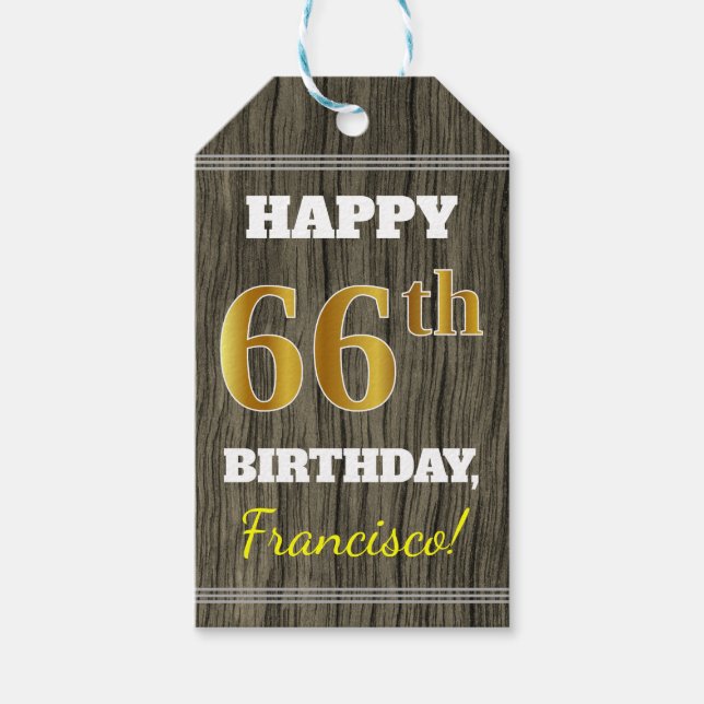 Étiquettes-cadeau Faux Wood, Faux Gold 66e anniversaire + Nom person (Devant)