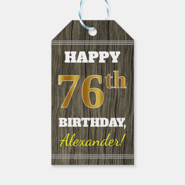 Étiquettes-cadeau Faux Wood, Faux Gold 76e anniversaire + Nom person (Devant)