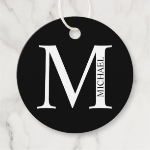Étiquettes Cadeau Fave personnalisée avec monogramme et nom en noir 