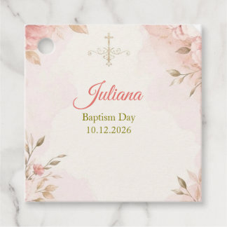 Étiquettes Cadeau Faveur carré de baptême Croix dorée Floral rose