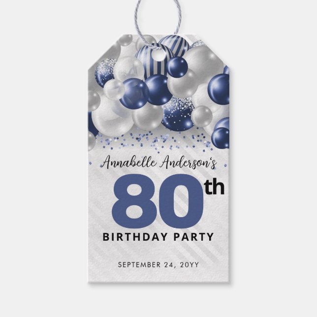 Étiquettes-cadeau Faveur d'anniversaire de ballon de glitter Bleu Ma (Devant)