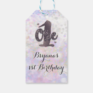 Étiquettes-cadeau Faveur de 1er anniversaire Iridescent White Sparkl