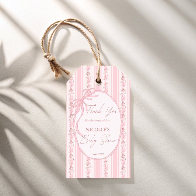Étiquettes-cadeau Faveur de baby shower élégante avec ruban rétro ra (Pink stripes coquette bow retro elegant baby shower personalized favor gift tags)