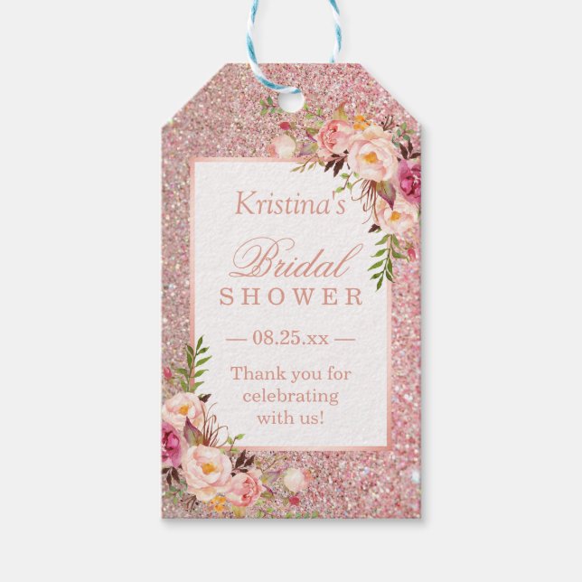 Étiquettes-cadeau Faveur de Fête de Mariage Florale Paillets Rose Or (Devant)