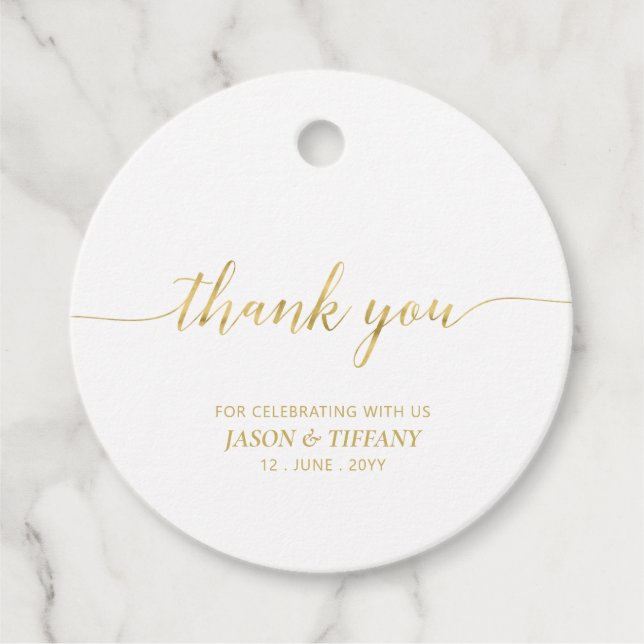 Étiquettes Cadeau Faveur de fête de script élégant or Merci Faveur F (Devant)