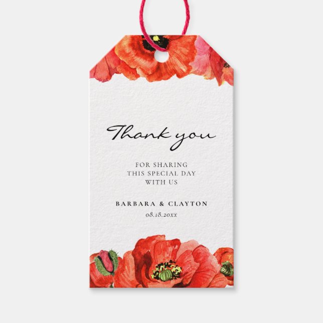 Étiquettes-cadeau Faveur de mariage à l'aquarelle de coquelicots rou (Devant)