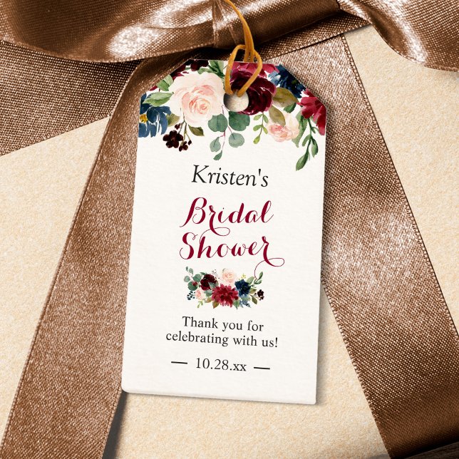 Étiquettes-cadeau Faveur de mariage floral bleu Burgundy Blush (Créateur téléchargé)