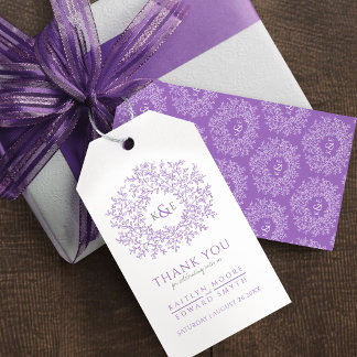 Étiquettes-cadeau Faveur de mariage monogramme feuille blanche viole