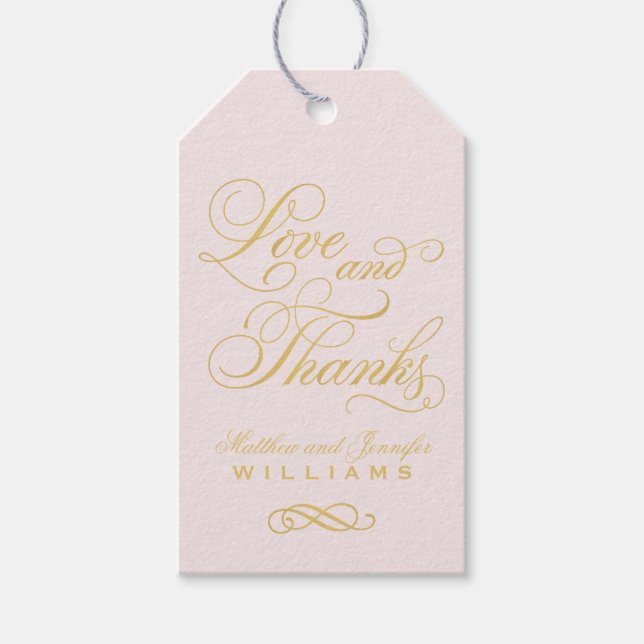 Étiquettes-cadeau Faveur de monogramme de calligraphie dorée d'amour (Devant)