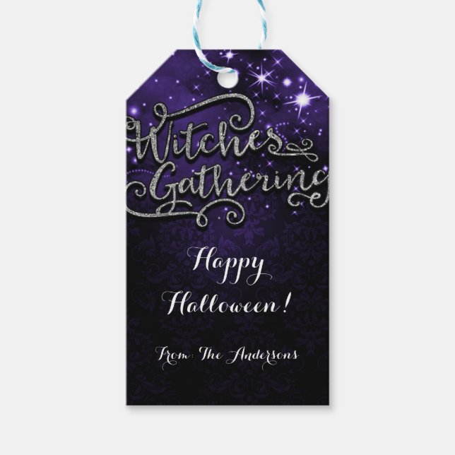 Étiquettes-cadeau Faveur de réunion de sorcières damassé violet et n (Devant)
