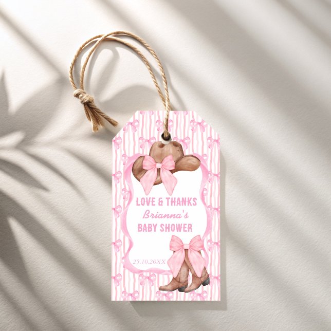 Étiquettes-cadeau Faveurs de baby shower occidentales cowgirl arc ro (Pink bow cowgirl western baby shower favors personalized favor gift tags)