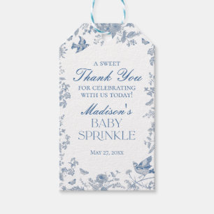Étiquettes-cadeau Faveurs de baby sprinkle à toile de Jouy bleue