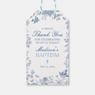 Étiquettes-cadeau Faveurs de baptême toile de Jouy bleue