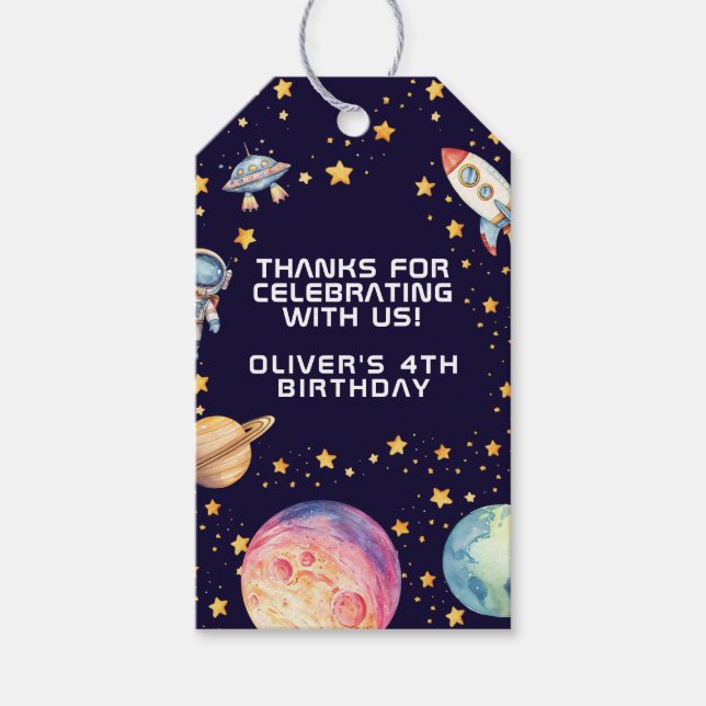Étiquettes-cadeau Faveurs de fête d'anniversaire garçon fusée spatia (Devant)