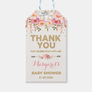Étiquettes-cadeau Faveurs roses de douche de bébé de fleurs d'or d