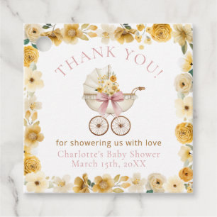 Étiquettes Cadeau Favori de Baptême de Bébé Rose Floral Carrosse Rem
