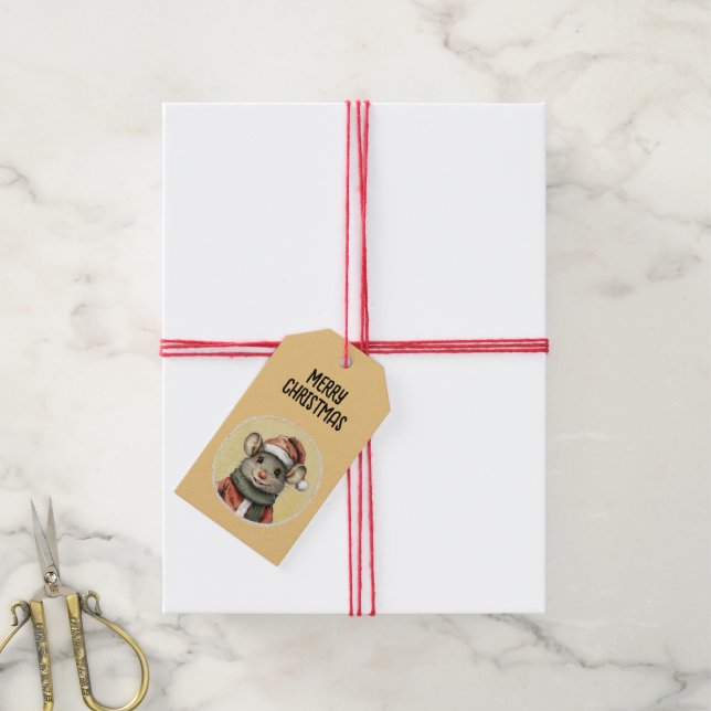 Étiquettes-cadeau Favoris de Noël animal amusant - Souris 1 (Avec de la ficelle)
