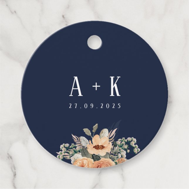 Étiquettes Cadeau Favoris, Elégant monogramme floral bleu foncé (Devant)