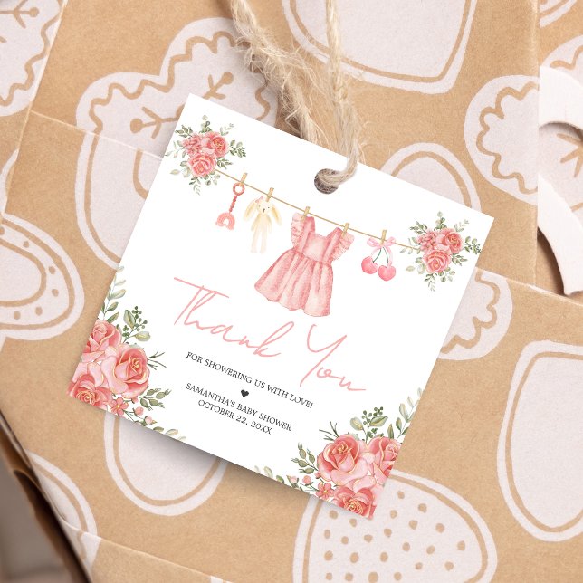 Étiquettes Cadeau Favoriser les balises (Sweet Little Girl Boho Floral Clothesline Baby Shower Favor Tags)