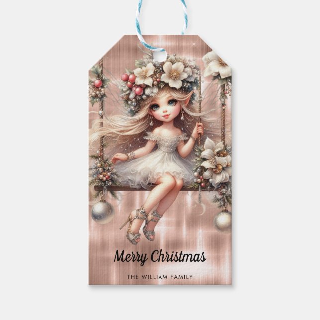 Étiquettes-cadeau Fée de Noël sur Sparkle Rose Gold (Devant)