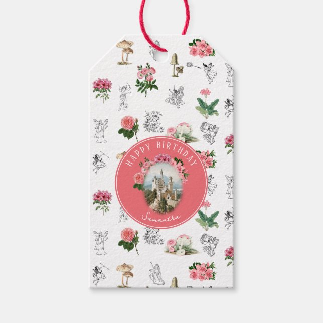 Étiquettes-cadeau Fées Château Fée Anniversaire Fleurs Roses (Devant)