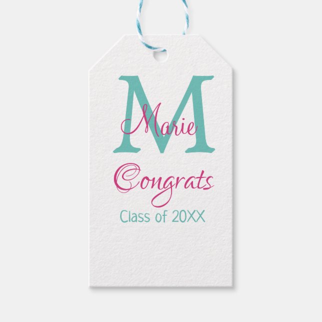 Étiquettes-cadeau Félicitations nom de diplômé monogramme vert rose  (Devant)
