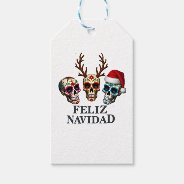 Étiquettes-cadeau Feliz Navidad Sugar Skulls Reindeer Santa Mexican  (Devant)